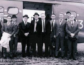 Participating in the Rhodesian Puma test flight were Left to Right - Gp Capt. John Mussell, Gp Capt. Alec Thomson, Wg Cdr Charlie Goodwin, Air Cdr Jimmy Pringle, Mr. Trollope (Sec. Defence), AVM Archie Wilson, Monsieur Moullard, PJH Petter-Bower, Wg Cdr Ken Edwards and Henry Ford (Rhotair).