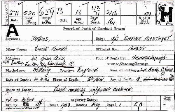 Record of Death of Merchant Seaman Ernest Kenneth Dubois